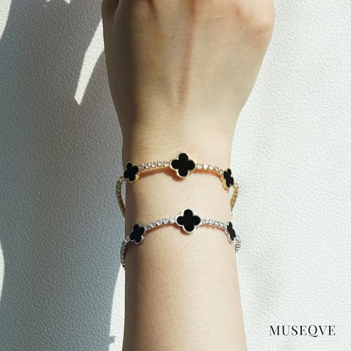 Four Leaf Clover Bracelet for Women 14K Gold Plated White Mother of Pearl Onyx Black Clover Charm Tennis Bracelet Adjustable Chain Lucky Jewelry Gifts [CVBR]2