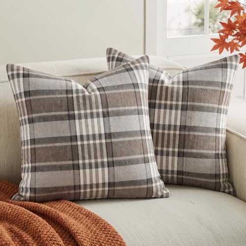 Farmhouse Brown Plaid Pillow Covers Blend