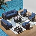 RTDTD 11 Pieces Outdoor Patio Furniture Set,Outdoor Sectional Furniture with 45" 55000 BTU Gas Propane Fire Pit Table,PE Rattan Wicker Patio Conversation Set,Swivel Rocking Chairs Set,Navy Blue