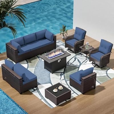 RTDTD 11 Pieces Outdoor Patio Furniture Set,Outdoor Sectional Furniture with 45" 55000 BTU Gas Propane Fire Pit Table,PE Rattan Wicker Patio Conversation Set,Swivel Rocking Chairs Set,Navy Blue