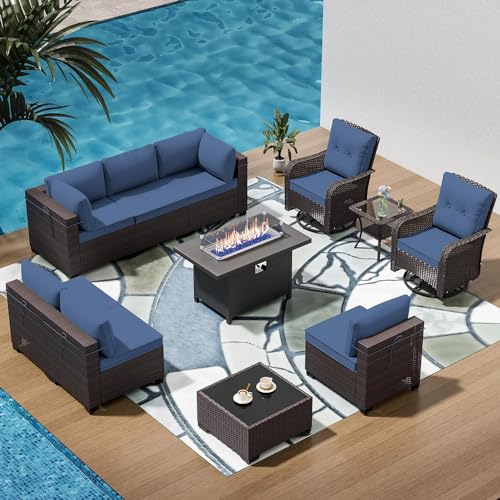 Image of 11 Pieces Outdoor Patio Furniture Set,Outdoor Sectional Furniture with 45 inch 55000 BTU Gas Propane Fire Pit Table,PE Rattan Wicker Patio Conversation Set,Swivel Rocking Chairs Set,Navy Blue