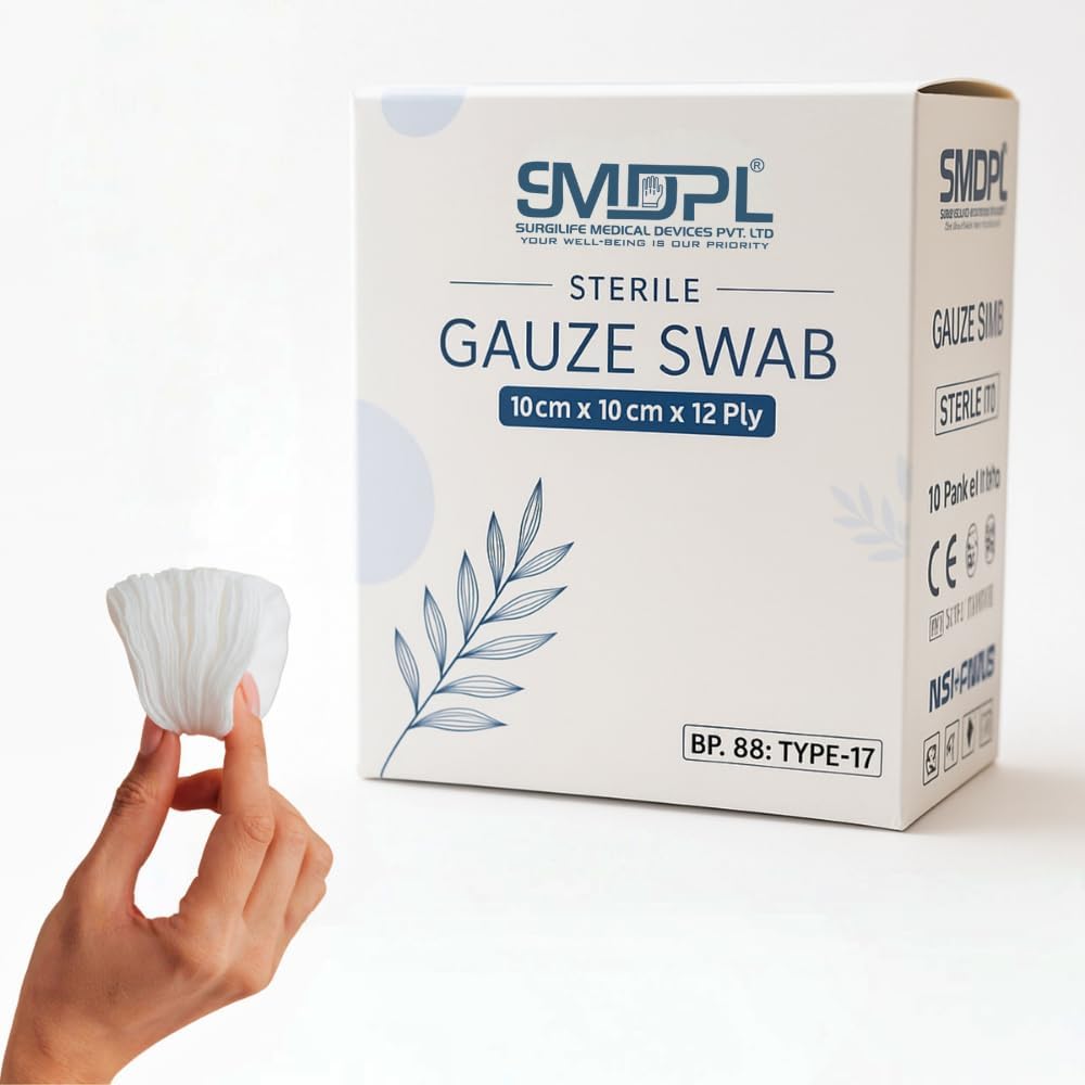 SMDPL Sterile Gauze Swabs – 10cm x 10cm, 12 Ply | Pack of 10 Pouches with 4 Swabs Each (Total 40)