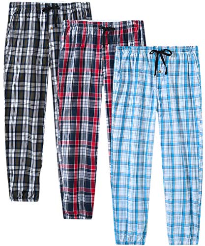 JINSHI Pantalones Pijamas Largos Algodón a Cuadros Hombre Casual Pantalones de Casa con Bolsillos 3 Pack Talla S