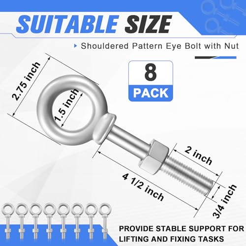 Image of LEIFIDE 8 Pack 3 /4 inch x 4-1 /2 inch Shoulder Eye Bolts with Nuts, Hot Dip Galvanized Eye Bolts for Lifting, Anchor Point Rigging, Fence, Canopy, Ac Mounting