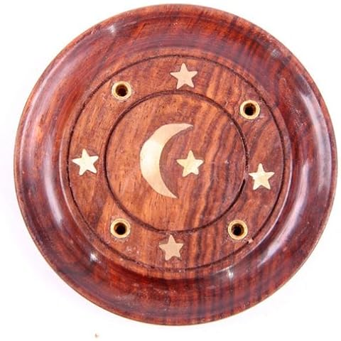 Sheesham Wood Round Ash Catcher - Moon and Stars Inlay. Incense Stick Holder. by newquay-bonsai Cover