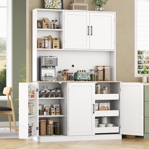 71' Tall kitchen Pantry Storage Cabinet, Modern Kitchen Hutch with 3 Pull-out Drawers, Kitchen Pantries with Microwave Stand & Door Shelf, Food Pantry with Adjustable Shelves for Dining Room (White)