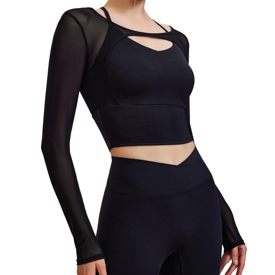 Harssidanzar Long Sleeve Yoga Shirts for Women Mesh Gym Athletic Tops Workout Shirts with Sports Bra CL304US