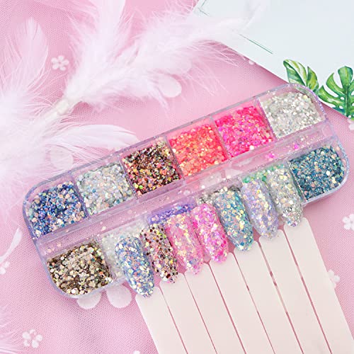 12 Colors Iridescent Glitter Nail Art Sequins, Colorful Sparkly Nail Flakes Design, Holographic Ultra-Thin Hexagon Powder Acrylic Supplies For Women Girls Manicure Summer Decorations, 3D Accessories #TOP5