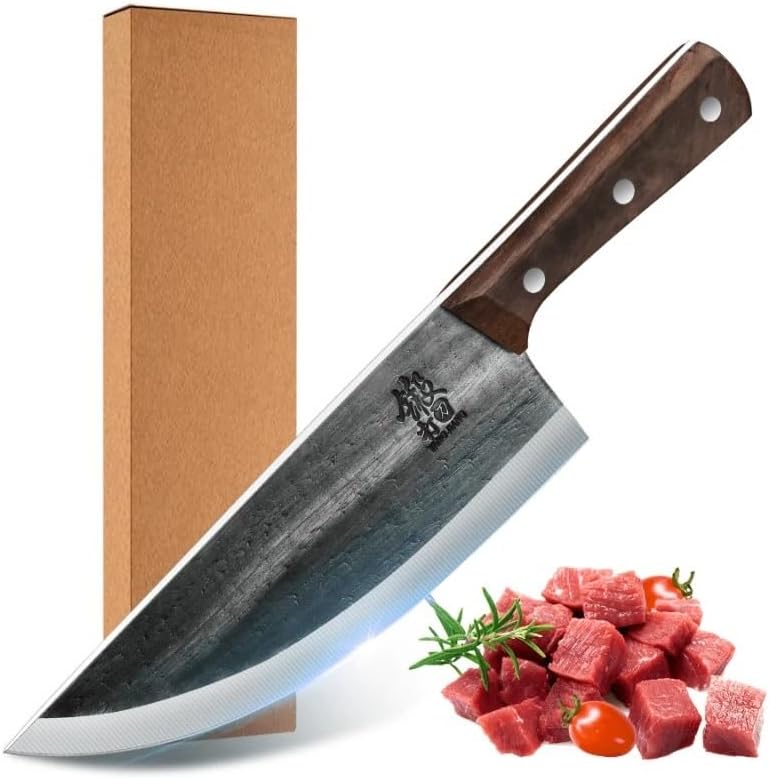 Meat Cleaver,Cleaver Knife 8 Inch Boning Knife Butcher Knife For Meat Cutting Hand Forged High Carbon Steel Butcher Knife For Kitchen Cooking Camping