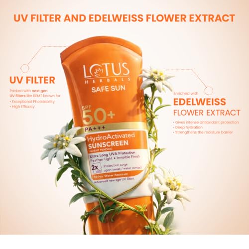 Image of Lotus Herbals Safe Sun HydroActivated Sunscreen SPF 50+ PA+++ | 2X Protection from Sun and Tan | In-Vivo Tested | No White Cast | 10-Hr Water Resistant | for Women and Men | All Skin Types | 50ml