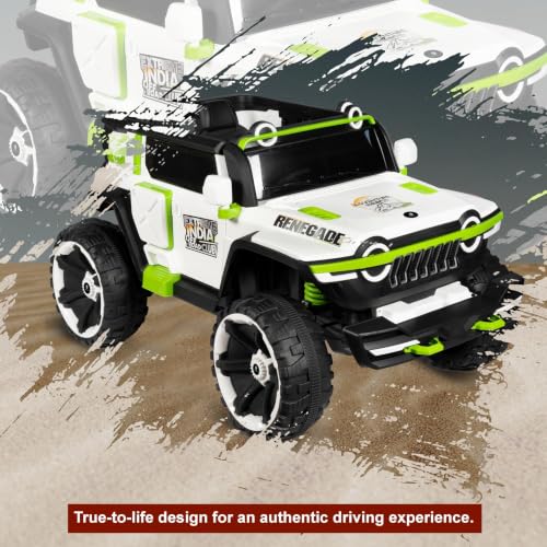 Image of Norman Jr Battery Operated 4x4 ATV Runs on Garden & Sand Surface |Jeep Toy with Remote+Steering+RGB Light+Mp3 USB Music | Rechargeable Car for Kids to Drive 3to12 Years | XXXLarge Bumper- Green&White