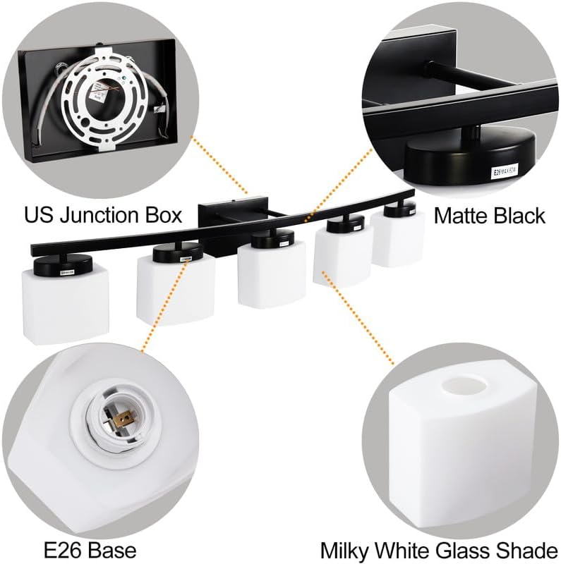 Miniatura 2 de Lámpara de tocador negra mate de 5 luces con pantalla de vidrio blanco para baño sobre espejo, 40 pulgadas