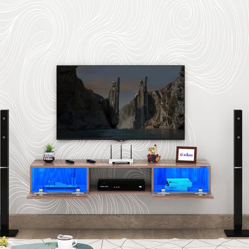 Image of Anikaa Orilo Wall Mount Modern Floating TV Unit for Living Room with 3 Storage Cabinet & Blue LED Light | Ideal for UP to 55 Inch TV (Coachwood Finish - DIY Installation)