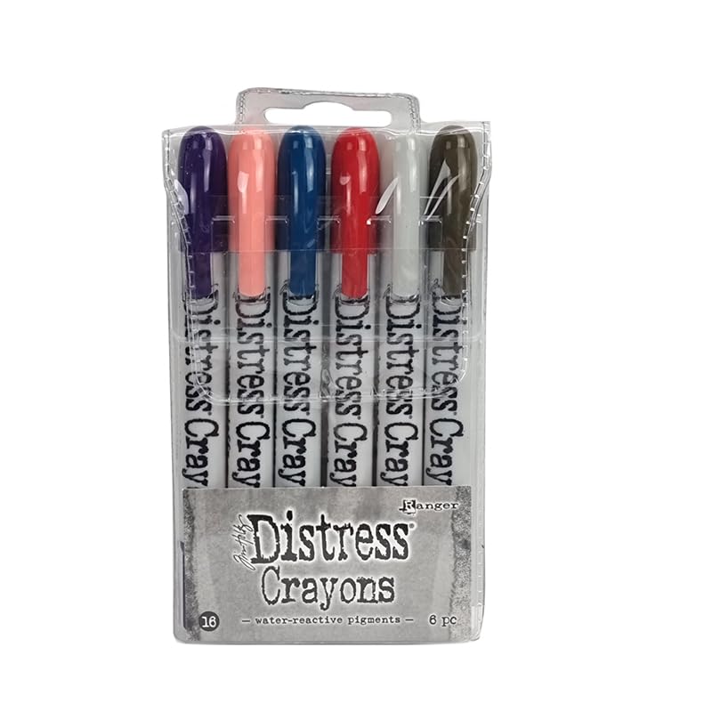 Tim Holtz Ranger Distress Crayon Set 16 (Villainous Potion/Saltwater Taffy/Uncharted Mariner/Lumberjack Plaid/Lost Shadow/Scorched Timber), Multicoloured, 13 x 1.5 cm