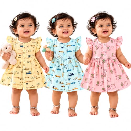 Image of Lilimi Toddler Baby Girl Cotton Muslin Dress, Breathable Flutter Sleeve Button-Front Cute Frocks