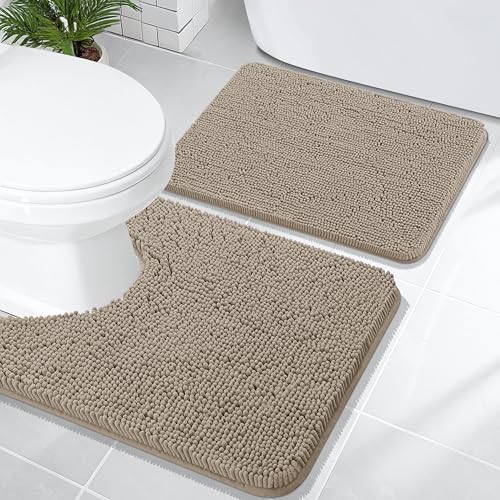 Image of OLANLY Bathroom Rugs Sets 2 Piece, Soft Absorbent Chenille Bath Mats and U-Shaped Contour Toilet Mat Area Rug Set, Machine Washable Bath Carpet, Home Decor Accessories(24 inchx16 inch+24 inchx20 inch, Warm Taupe)