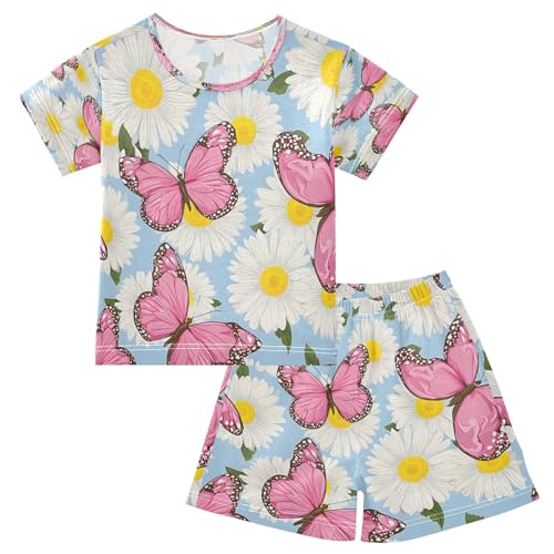 Pink Butterfly Daisy Pattern Kids Pjs Set Boys Girls Summer Short-Sleeve Sleepwear Pajamas 2PCS
