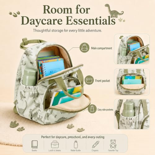 Image of Bluboon Toddler Backpack for Boys Girls 2-4 Cute 12 inch Preschool Kindergarten Backpacks Kids Daycare Bags School Travel (Green Dino Beige, Age 2-4 (12 inch H not Fit A4 Folder))