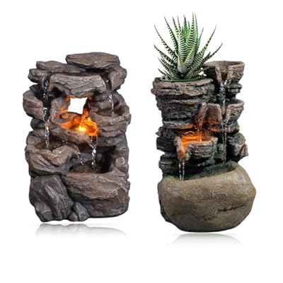 Haobos Cascading Tabletop Water Fountains with LED Light - Indoor Rockery Waterfall Fountain - Quiet and Relaxing Water Sound - Small Desktop Size - Home/Office Decor