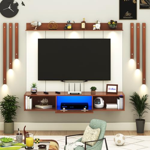 Image of Anikaa NovusPro Engineered Wood Wall Mount TV Unit with PVC Back Panel, Acrylic Blue LED Storage Box, Side Wooden Accent Spot Light Panels I Deal for Up to 50 Inch TV (Walnut - DIY Installation)
