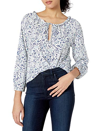 Lucky Brand Women's Long Sleeve V Neck Printed Peasant Top, Blue Multi, Medium