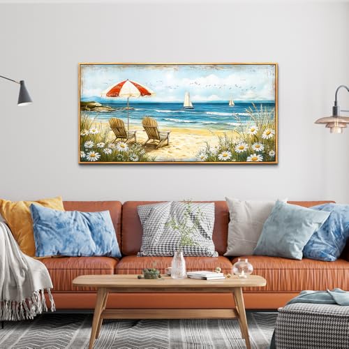 ERQINHUA Large Canvas Wall Art For Living Room Bedroom Wall Decor Office Blue Seaside Landscape Painting Wood Frame Room Bathroom Dining Room Prints Artwork Picture Home Wall Decoration 20x40 In