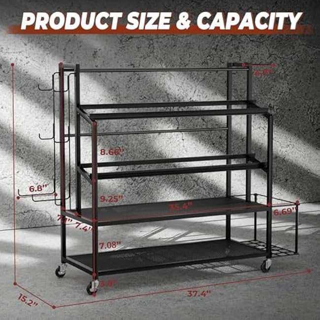 XL Dumbbell Rack Weight Stand - 4-Tier Adjustable Weight Rack for Dumbbells, Home Gym Storage Rack for Yoga Mat Foam Roller Kettlebells, Workout Equipment Storage Organizer With Wheels and Hooks