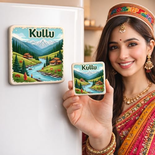 Image of Naxon Kullu Theme Souvenir Wooden Fridge Magnet | Valley of Gods Scenic Landscape Design 3x3 Inch Refrigerator Magnet for Kitchen & Home Decor | Travel Gift from Kullu | Pack of 1