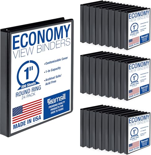 Image of Samsill 1 Inch 3 Ring Binders, Economy Round Ring, Clear View Cover, 200 Sheet Capacity - for School, Home, Office - Black, 24 Pack