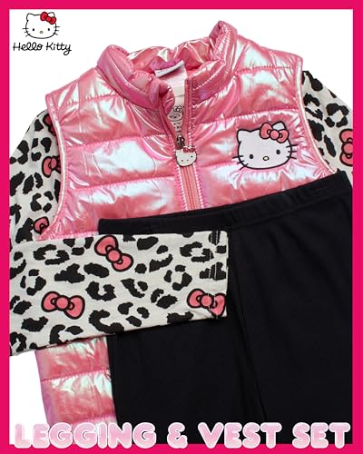 Image of Hello Kitty Girls Pants Set - 3 Piece Zip Up Vest, Long Sleeve Graphic Shirt, Fleece Pants - Matching Set for Girls (2T-12), Size 2T, Pink /Black /Leopard