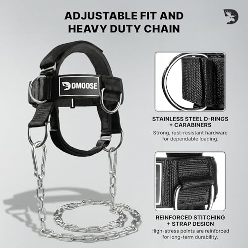 Image of DMoose Fitness Neck Harness Plus for Weight Lifting - Soft Padded Head & Chin Strap with 30 inch Heavy Duty Steel Chain, 2 Bands & Door Anchor - Neck Exerciser & Strengthener to Support Injury Recovery