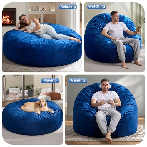 Image of Hobestluk Giant Bean Bag Chairs 6FT Oversized BeanBag Chair for Adult Jumbo | Memory Foam,Washable Cover,Velvet Fabric,Storage Pocket,Handle,Bedroom Living Room Bean Bag Bed Reading Gaming | Blue 6FT