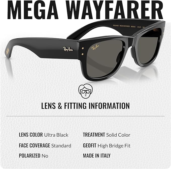Ray-Ban RB0840S MEGA WAYFARER BLACKED OUT COLLECTION Square Shaped Sunglasses with Official RAYBAN Eyewear Kit - Image 4