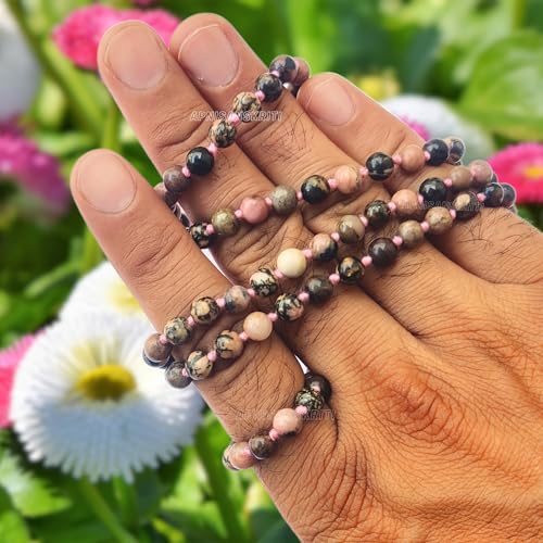 Image of Apnisanskriti Premium Rhodonite Stone Mala for Men and Women (6mm, AAA Quality, Lab Certified, 108+1) - Natural Stone Beads Mala - Pink & Black Veins Colour - Pack of 1