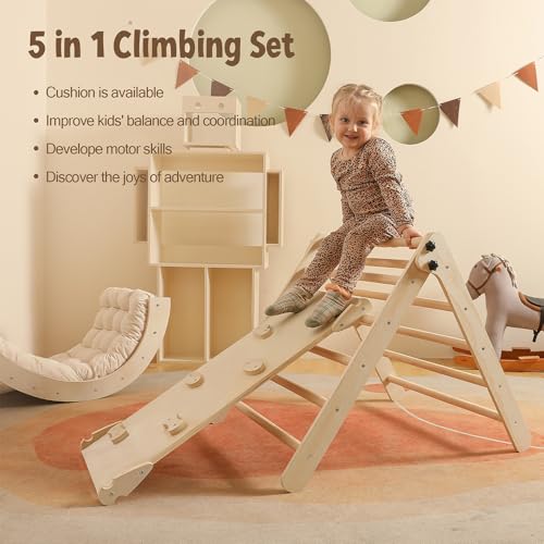 Image of Yopnoyik Pikler Triangle Set with Cushion Large, 5 in 1 Toddler Climbing Toys Indoor, Montessori Foldable Climbing Set for Kids, Wooden Playground Jungle Gym with Ramp, Arch and Ladder (Wooden Color)