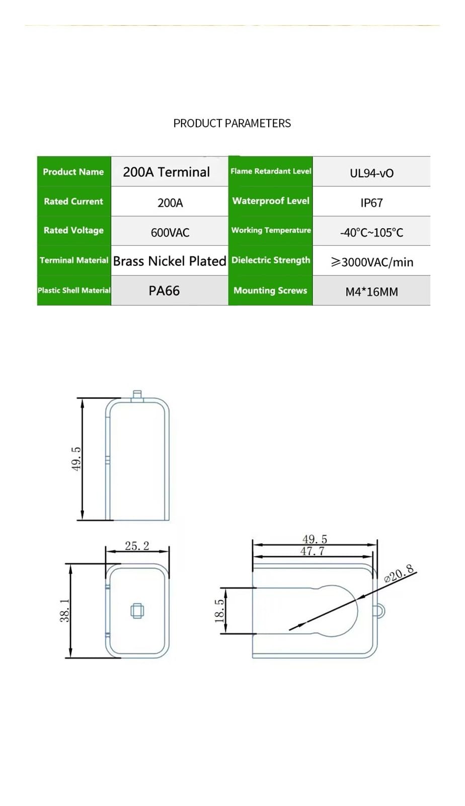 Terminali batteria Lifepo4 Li-ion ad alta corrente attraverso parete Terminale di accumulo di energia Connettore blocco connettore inverter 200ASquadro(2 Pcs 200A)