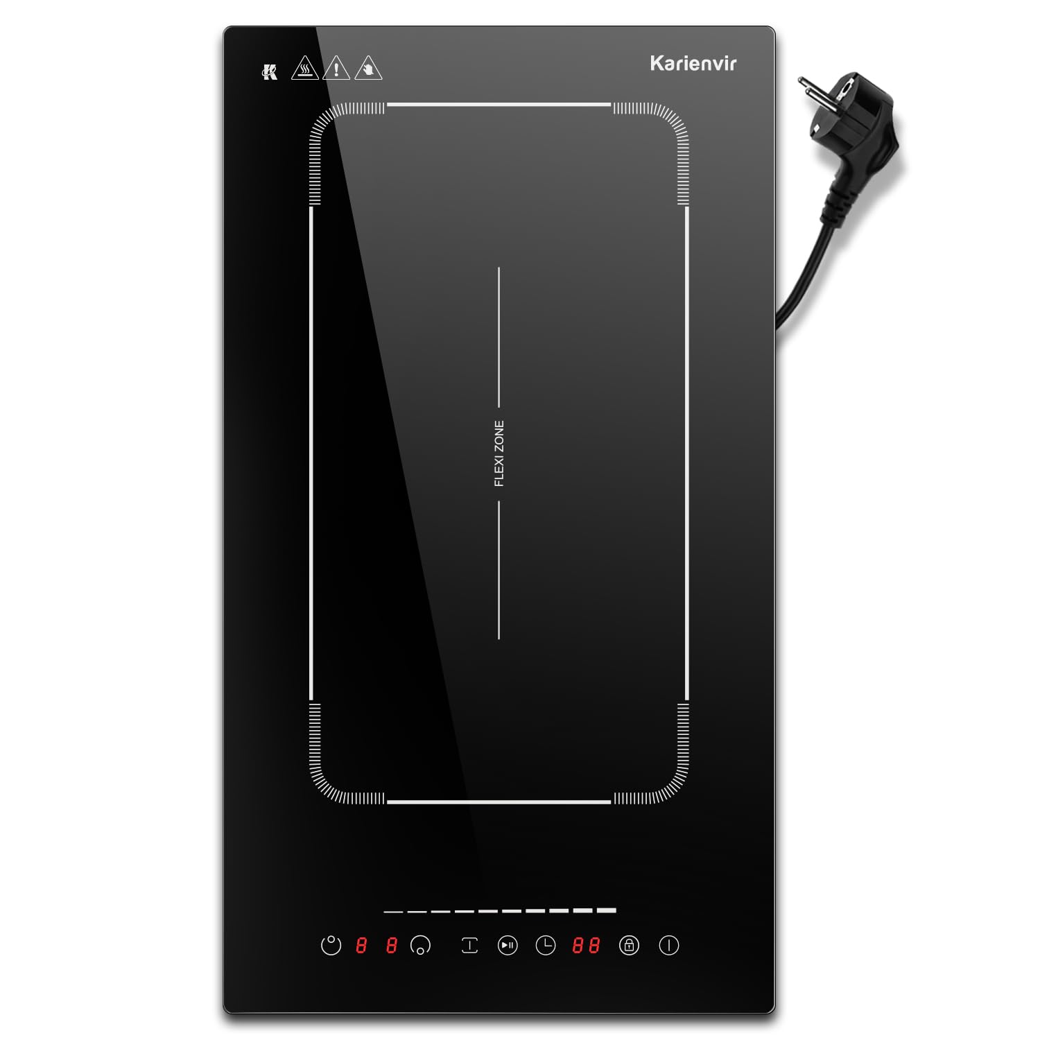 Karienvir Piano cottura a induzione 2 piastre 30 cm con spina, piano cottura a induzione integrato e piano di lavoro, cursore a induzione, regione di espansione, timer, blocco di sicurezza, pausa,