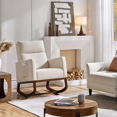 Image of Yaheetech Rocking Chair, Modern Glider Chair, Recliner Armchair with Wood Legs and Side Pocket, Nursery Rocking Accent Chair with High Back for Living Room Bedroom, Beige