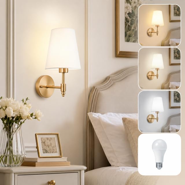 Rosnek Fabric Wall Sconce Light Fixture with LED Bulb, Vintage Gold Wall Lamp with White Linen Shade, Classic Indoor Sconce for Bedroom, Living Room, Hallway, Entryway, Brass Finish
