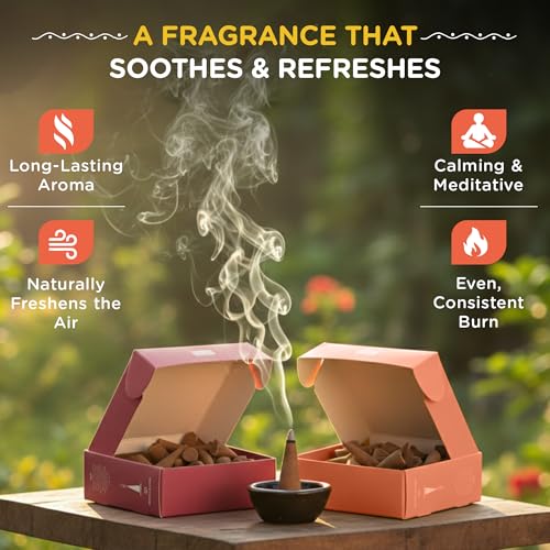 Image of Rajnigandha and Mogra Organic Dhoop Cones Pack of 2 (80 Cones) with Free Ceramic Holder | Natural Charcoal Free Incense Cones for Pooja, Meditation, Yoga | Long Lasting and Low Smoke
