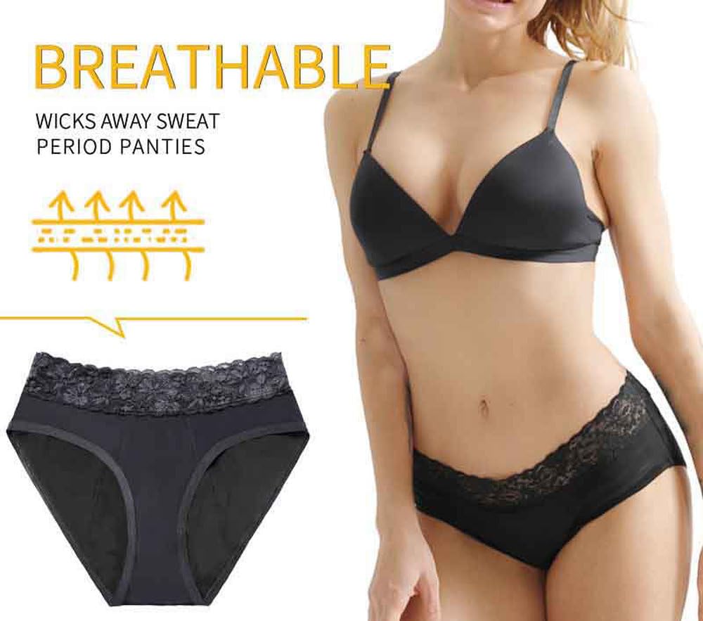 Bragas Menstruales para Mujer Ropa Interior Sexy Con Encaje Y Ribetes Bragas Menstruales Con Flujo abundante a Prueba de Fugas Paquete de 5 Negro M