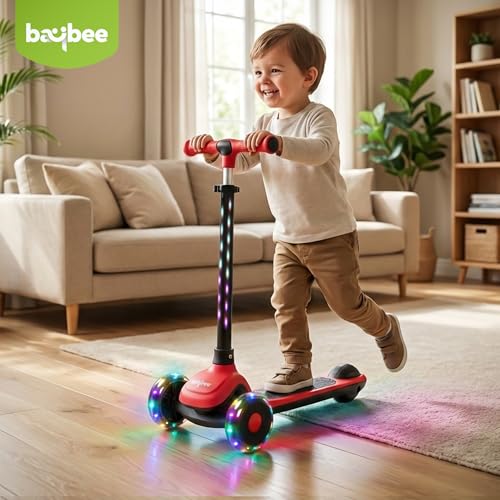 Image of Baybee Zyro Kick Scooter for Kids | 3 Wheel Kids Scooter with 3 Height Adjustable & LED Lights | Skate Scooters with Music & Foot Brake | Indoor Outdoor Toddler Scooters for 2 to 10 Years (Red)