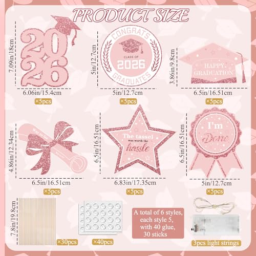 Image of Graduation Decorations for Class of 2026-30pcs Glitter Pink Rose Gold Grad Party Table Centerpieces Sticks with LED String Light for College High School 2026 Graduation Party Favors Supplies