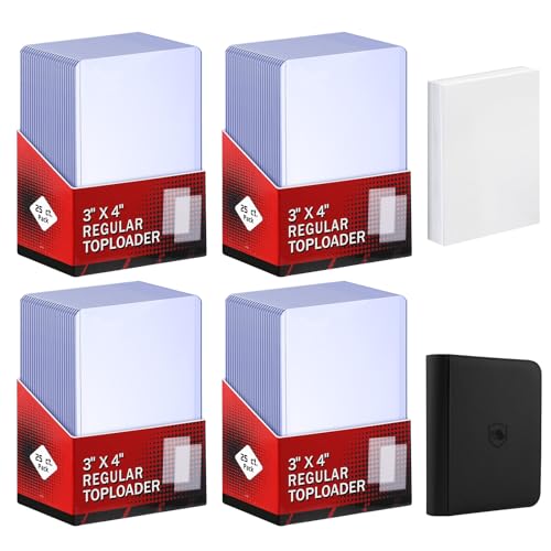khlerox 200 Card Sleeves Included 96 Pockets Top Loader Binder 3 x 4 Hard Plastic Card Protector Trading Card Sleeves for Sports Trading Cards (100 Hard Card Sleeves + 100 Soft Clear Sleeves)