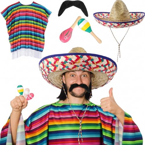 Unittype 6 Pcs Mxeican Costume Set Sombrero Hat Serape Poncho Mustache Maracas Fiesta Outfit Mexco Accessories(Featured)