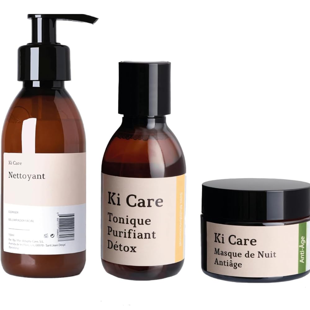 Rutina nocturna antiedad: Gel Limpiador Facial antioxidante, Tónico Facial con Niacinamida y Mascarilla nocturna antiedad con manteca de karité, creamidas vegetales y extracto de ashwagandha - Ki Care