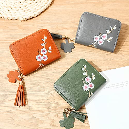 Plum Embroidered Women Short Zipper Wallet Fashion Ladies Small Clutch Casual Card Holder Solid Color PU Leather Female Purse,Luggage (B)3