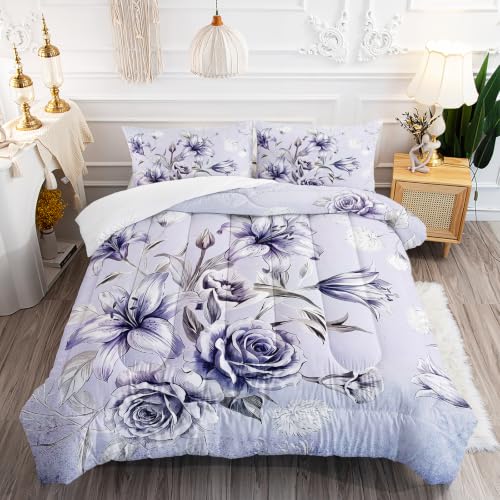 Image of AILONEN Silver Bloom Comforter Set Full Size, Blue Garden Bedding Ensemble, Vintage Rose Bedspread Quilt with 2 Pillowcases for Guest Room