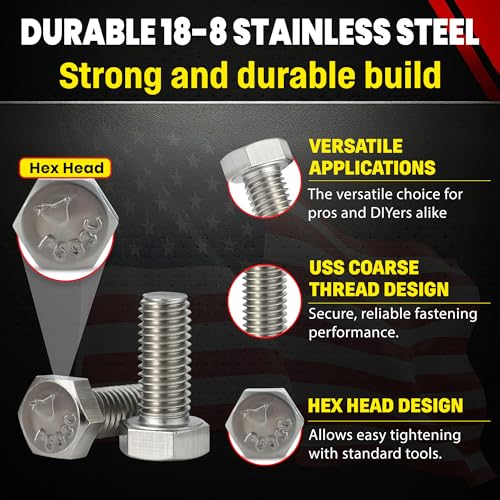 Image of Chenango Supply 3 /8-16 x 1 Stainless Steel Hex Head Bolts - 304 Stainless, USS Coarse Thread, 100,000-125,000 PSI Tensile Strength, Corrosion-Resistant Hardware Bolts, (25 Pieces, 3 /8-16 x 1)