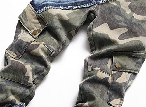 Men's Camo Patchwork Denim Jeans Distressed Patched Cargo Hip Hop Jeans Multi Pockets Washed Patches Jean4